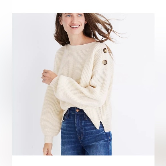 Madewell Beige Button-Shoulder Sweater wool warm winter cabin core cottage - Picture 1 of 15